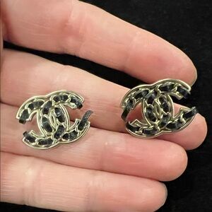CHANEL Black and Silver Logo Earrings